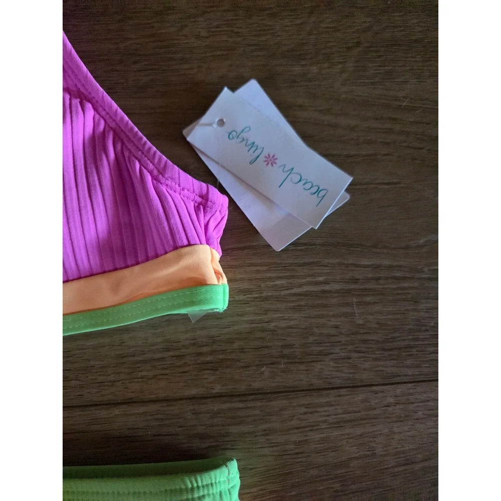 Beach Lingo Girls Purple Ribbed Bikini Set Neon‎ Green Orange Trim Size 10 NEW